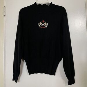 BOGNER Vintage High neck embroidered lion Wool black knit pullover sweater Large